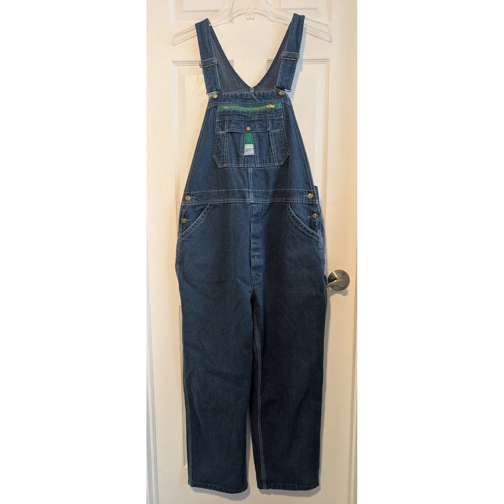 Liberty Mens Denim Bib Overalls Dark Wash Green Zipper 42x30 Workwear Utility - Picture 1 of 5